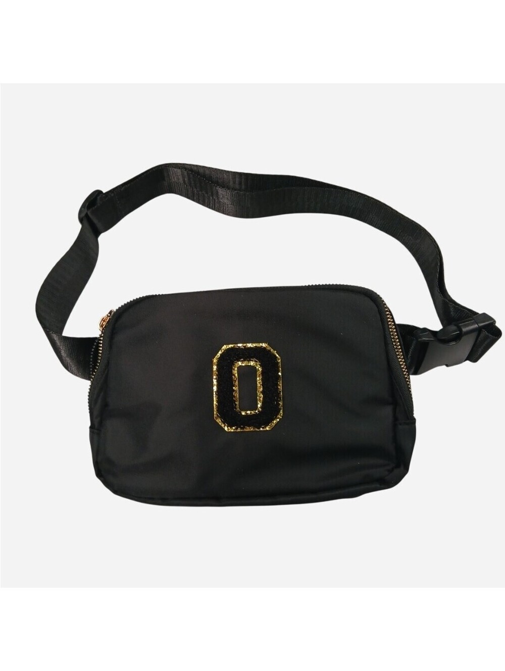 Ugyafly Personalized Fanny Pack Black Belt Bag Gold Chenille Letter O Varsity